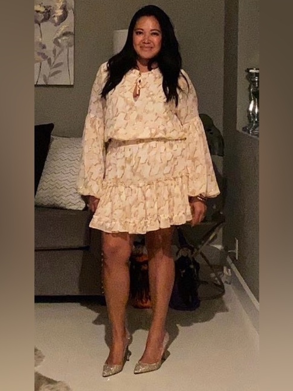 Beige & Gold Metallic Print Ruffle Dress - Picture 2 of 5